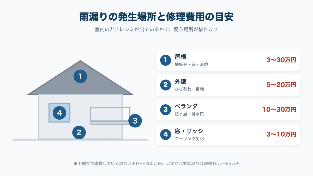 雨漏りの発生場所別に修理費用の目安を示した図解。屋根3〜30万円、外壁5〜20万円、ベランダ10〜30万円、窓まわり3〜10万円